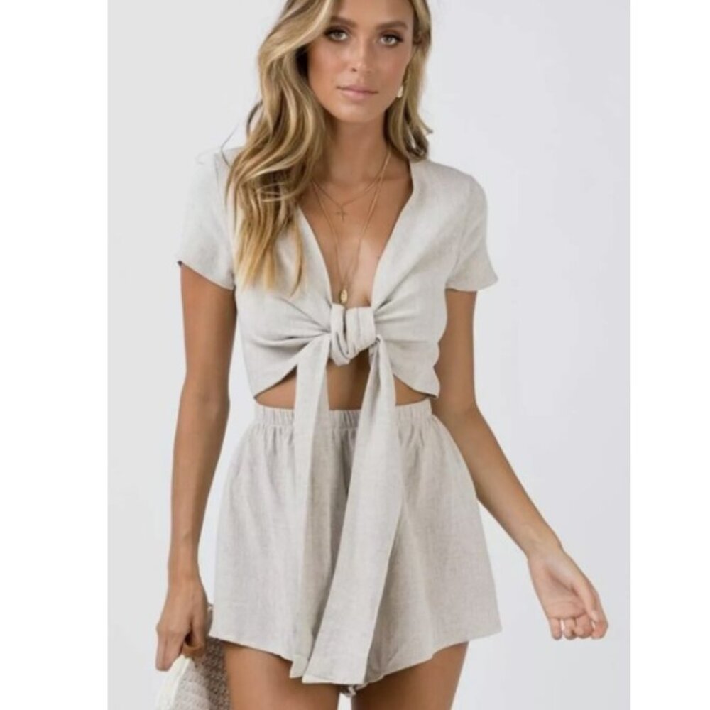 Princess Polly 4 Ragnar Beige Cap Sleeve Deep V-Neck Tie Front Romper S Small